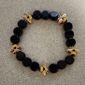 Handmade Gold BumbleBee Accent Black Bead Stretch Bracelet